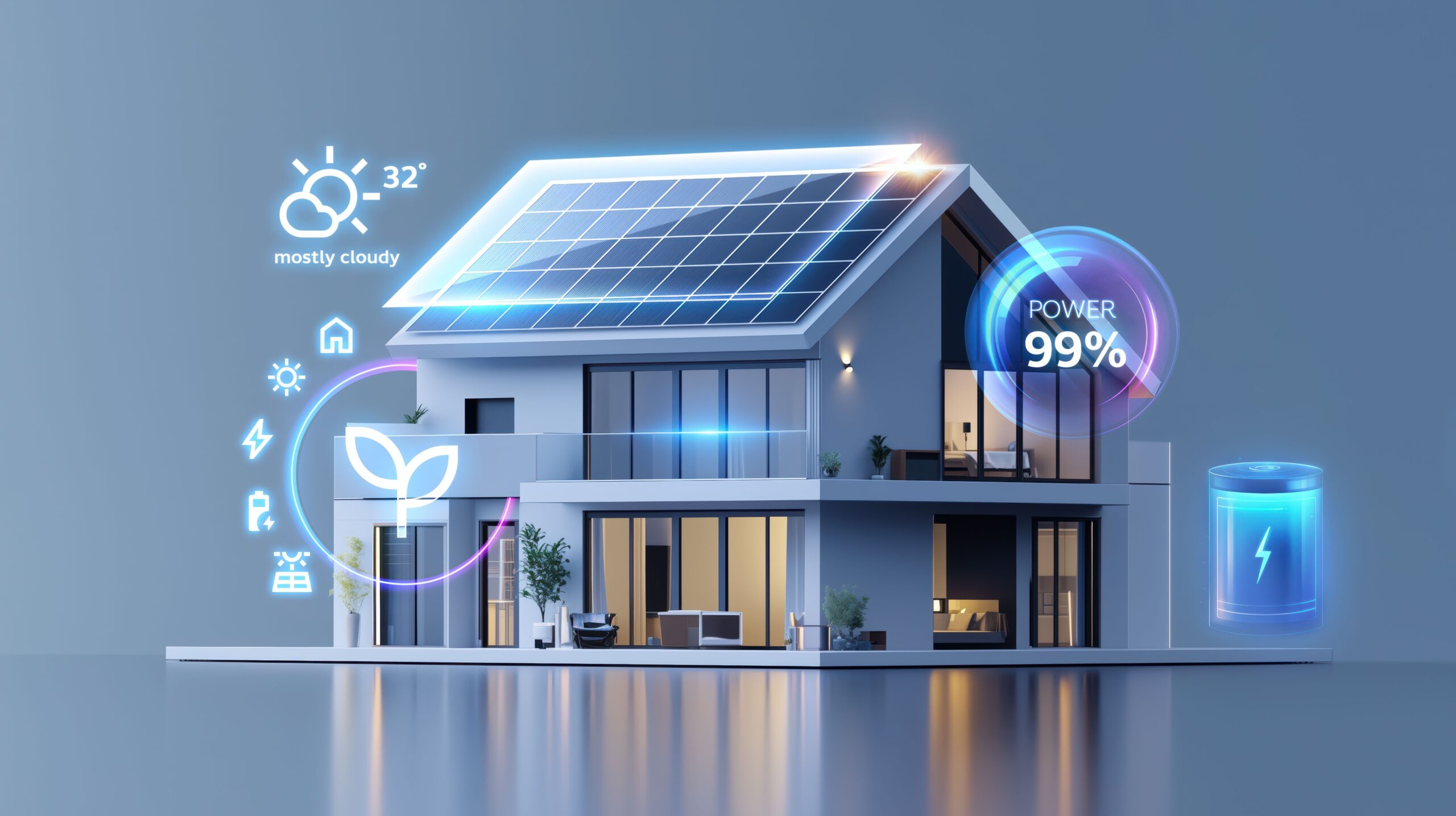 Modernes Haus mit Solaranlage und Batteriespeicher für nachhaltige Energie