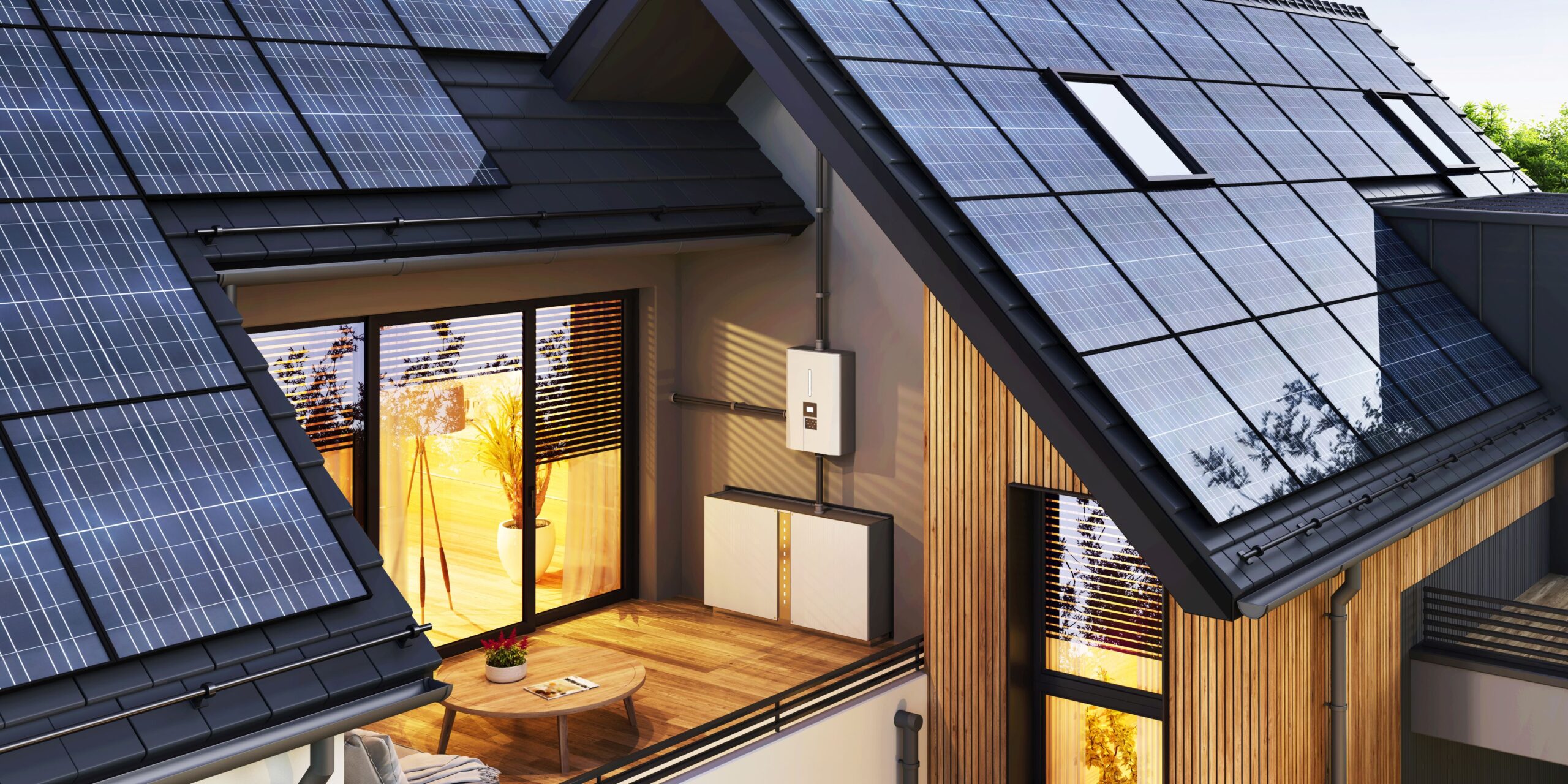 Haus mit Photovoltaikanlage und Batteriespeicher für Solarstrom